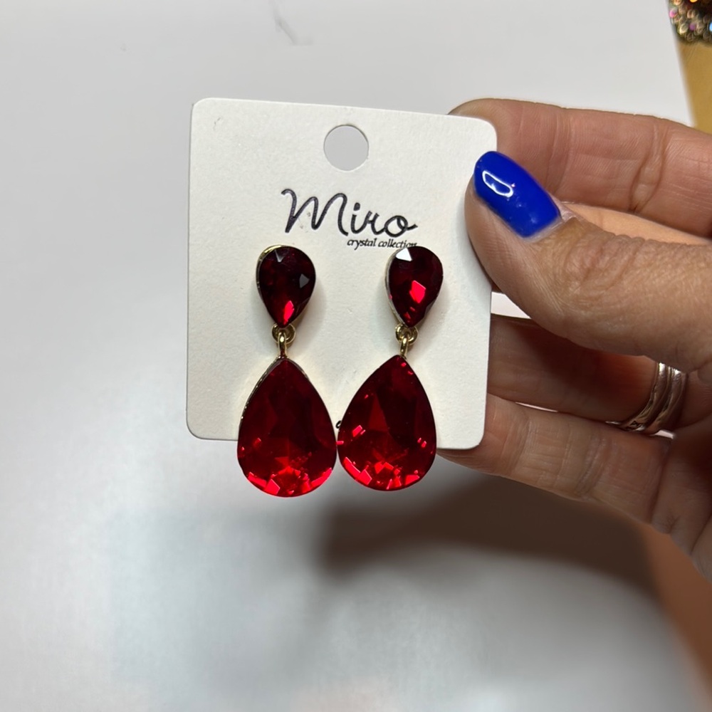 IRO Red Teardrop Earrings with Crystal Accents